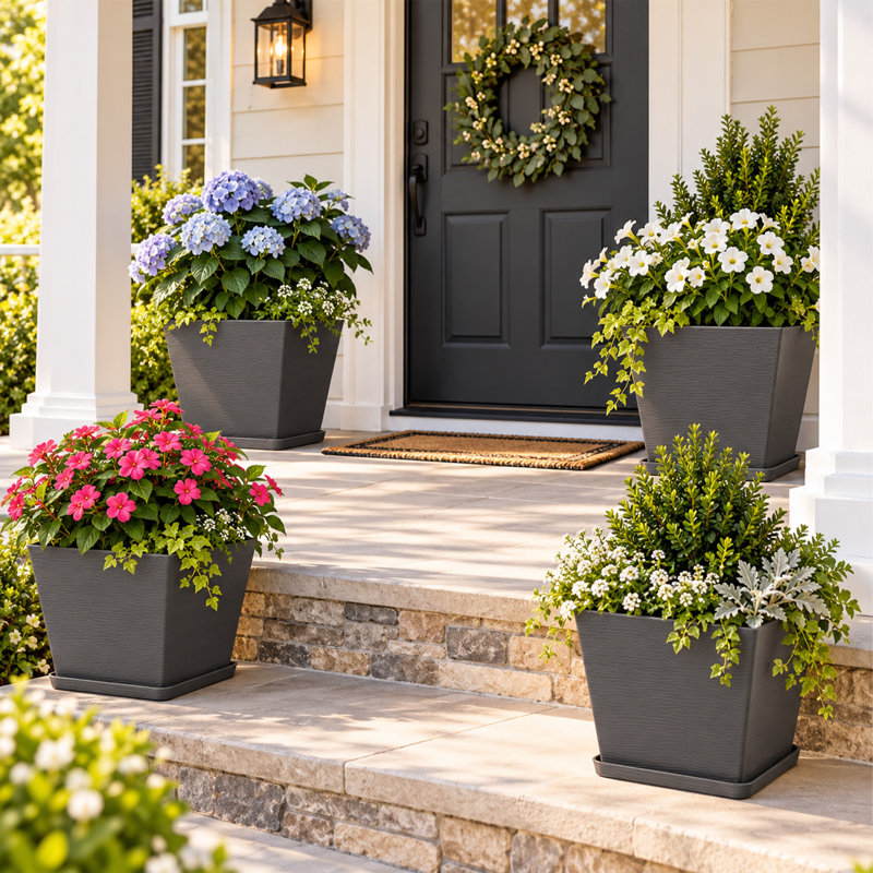 Kozyard 4Packs Taper Planter Indoor Outdoor Plant Pots with Tray Collecting Water for Porch, Patio, Backyard, Gray, 2