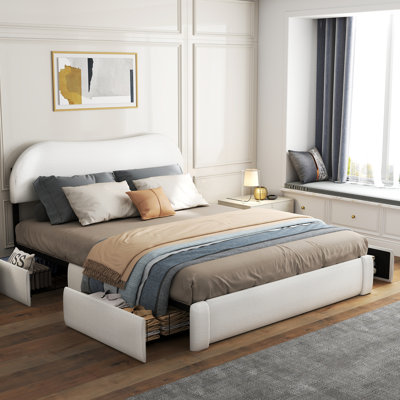 Boucle Upholstered Bed Frame with Headboard, Soft Platform Bed Frame with 4 Storage Drawers, Rounded Corners, No Box Spring Needed