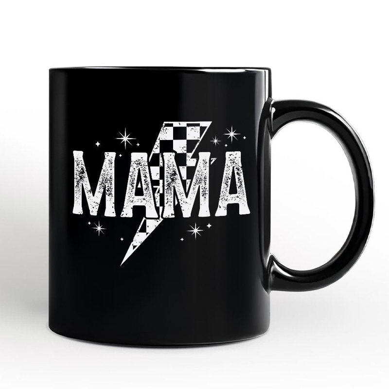 Tasse à carreaux en forme de foudre, cadeau rétro noir et blanc avec nom personnalisé pour mamans énergiques