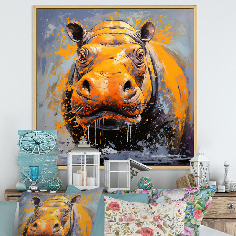 Art mural jaune hippopotame jaune - Hippopotame, Cadre flottant brun, H 36 po x l 36 po