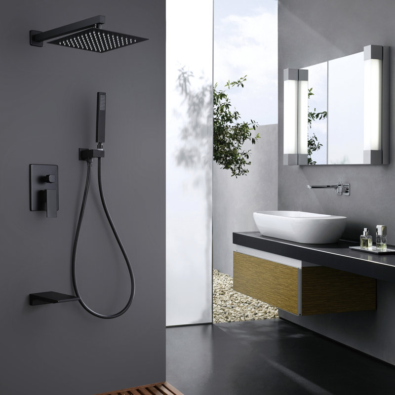 Système de douche mural 10 po, noir mat, robinet de pluie carré noir, pluie, débit 3 fonctions