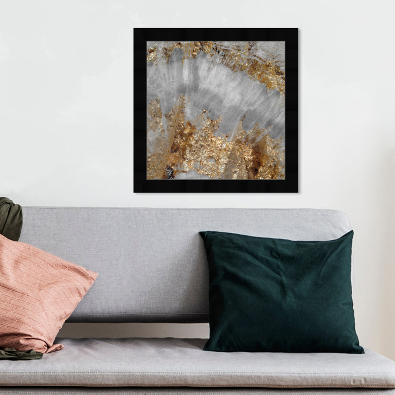 «Gold and Silver Abstract Geode» par Oliver Gal - reproduction, Cadre noir, H 14 po x l 14 po