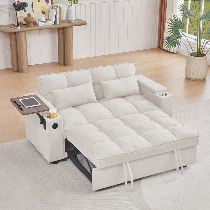 Canapé-lit chenille en tissu avec accoudoirs de rangement, port USB et table d'appoint, Beige