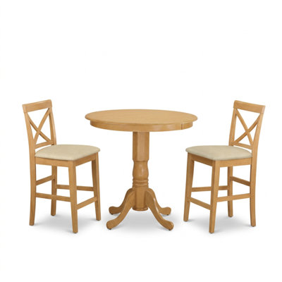 Oak Solid Wood Round Pedestal Counter Height Dining Table Set 5 Piece with 4 Dining Chairs