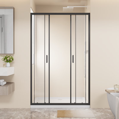 Wren 48”W x 72”H Framed 4-Panel Center Opening Double Sliding Shower Door with Tempered Glass & Aluminum Frame
