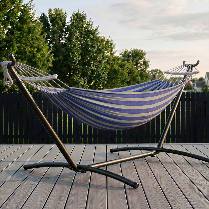 Hamac portable pour 2 personnes avec support en acier robuste, capacité de 450 lb, installation autoportante sans outils, résistant aux intempéries pour le patio, la cour et l'intérieur - bleu blanc 