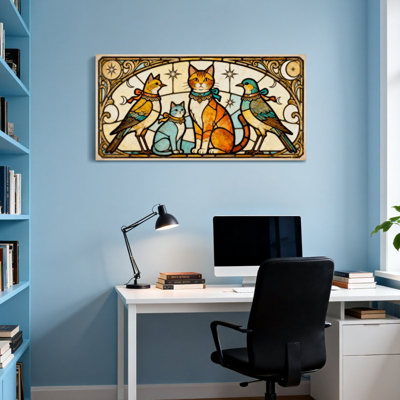 Motif de chats et d'oiseaux en vitrail tendance, H 24 po x l 48 po
