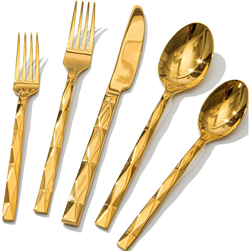Ensemble de couverts 40 pièces de luxe en or 40 pièces pour couverts en acier inoxydable 18/10 avec motif à losanges, miroir poli et lavable au lave-vaisselle pour la maison, le mariage, la fête et le restaurant