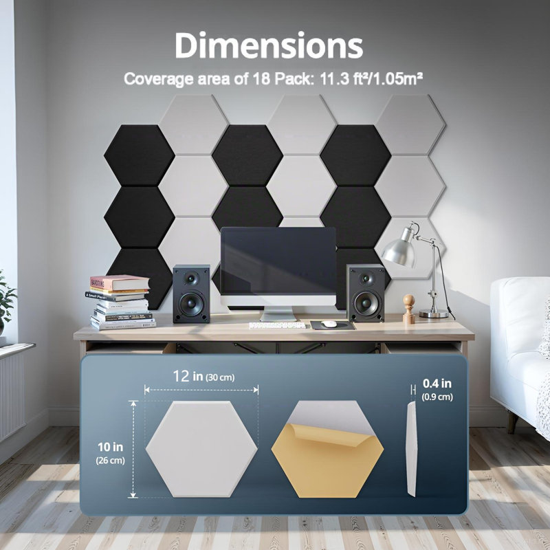 18-Pack Acoustic Wall Panels, Hexagon Sound Absorbing Acoustic Panels, 12" X 10" X 0.4"Decorative Soundproof Panels for Walls and Ceilings