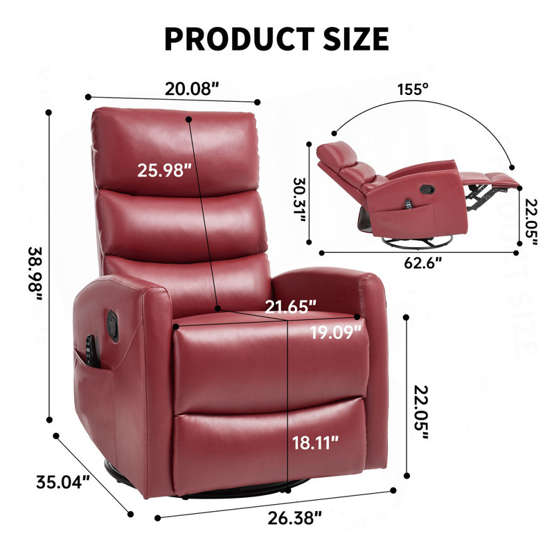 Heat Massage Manual Recliner Chair With Rocker And Swivel In Fabric For Living Room, Red