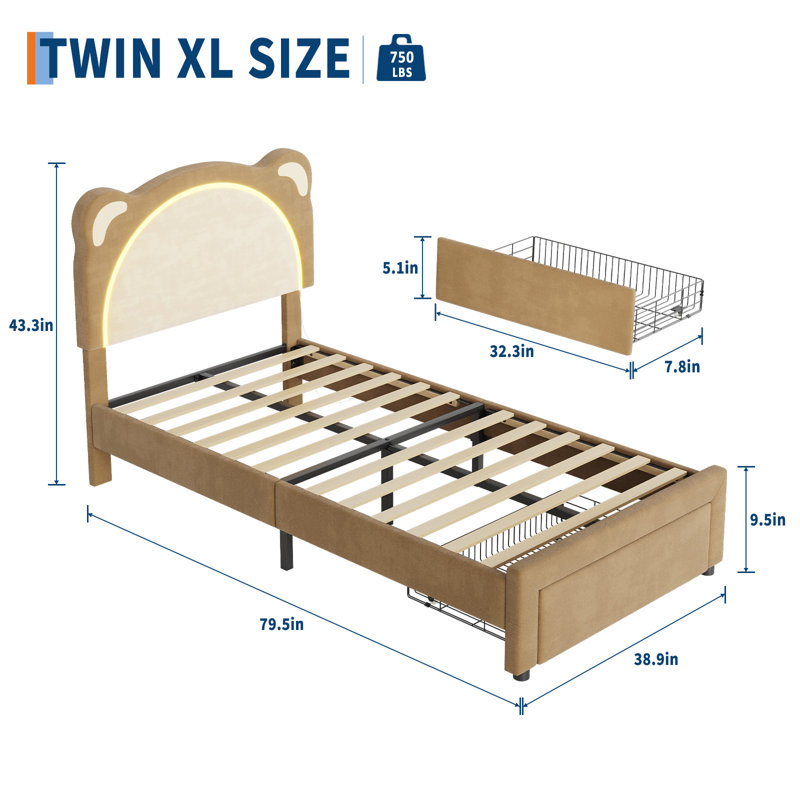 Base de lit tapissier pour enfants avec tête de lit réglable et lumière DEL, support de lattes en bois, aucun sommier requis