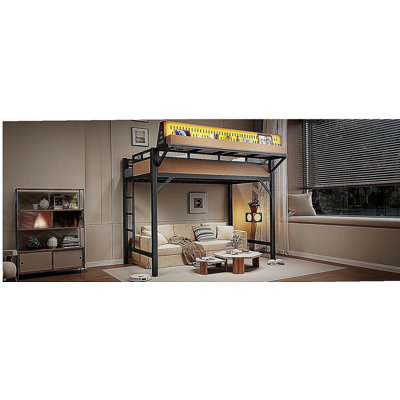 Structure de lit simple de taille mezzanine simple avec tablettes de rangement et panneau perforé, lit mezzanine en métal avec ports USB et lumières DEL, sécuritaire et robuste, naturel