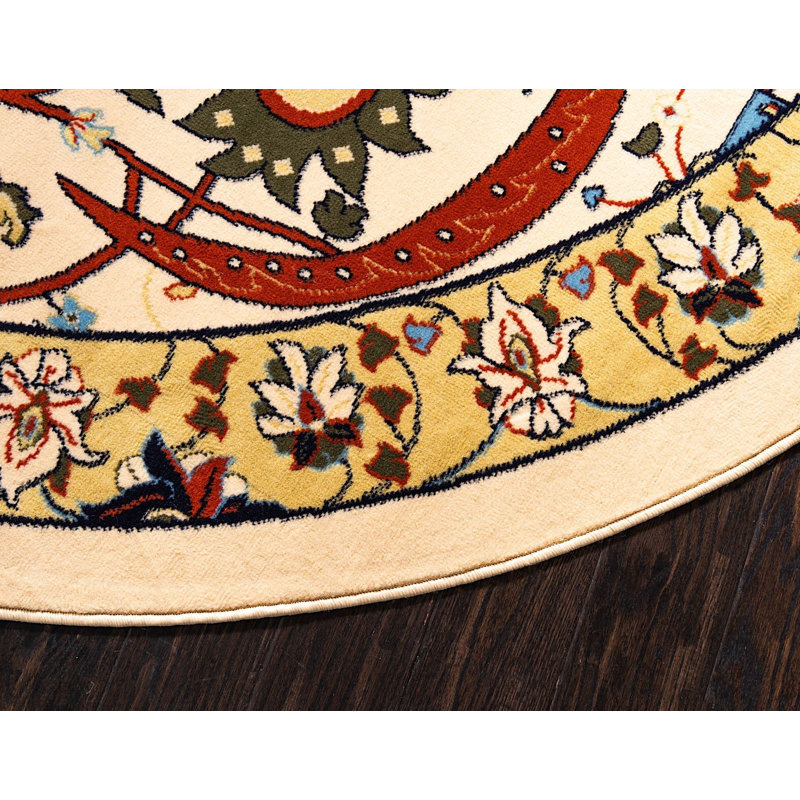 Tapis beige à motif floral Kashan, Rond 8 pi