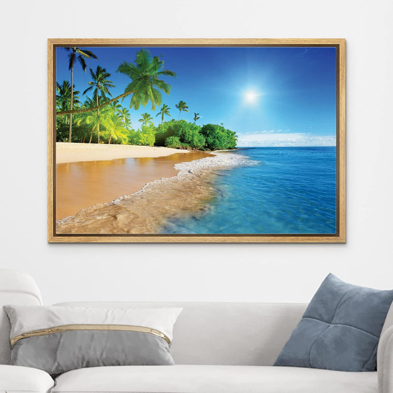 «Coastal Beach Palm Trees on Tropical Beach», art sur toile, H 24 po x l 36 po, Cadre naturel flottant