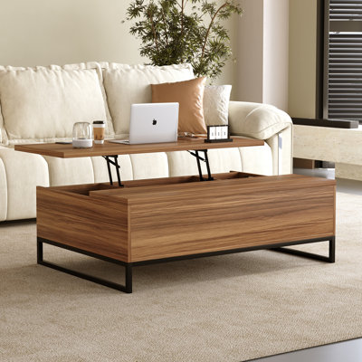 Table basse à plateau relevable de 43,3 po avec rangement caché, table basse en bois de noyer avec cadre en métal noir pour le salon