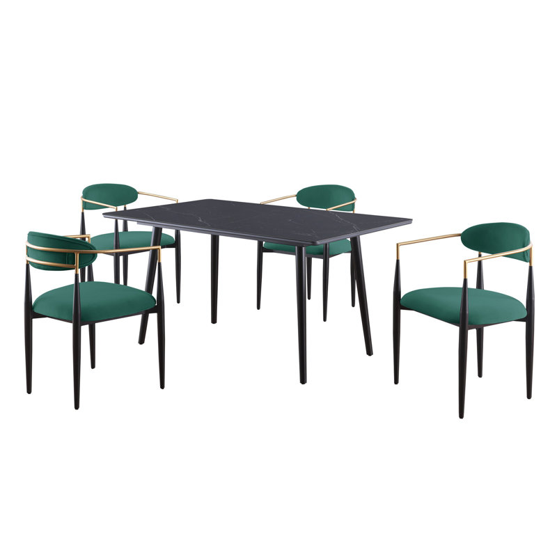 Salle à manger ultra-moderne de 5 pièces: chaises rembourrées en tissu et table en pierre frittée noire, table sophistiquée pour les pièces modernes