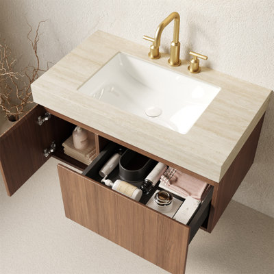 Meuble-lavabo de salle de bain 36 po MURI, armoire de rangement flottante en contreplaqué avec tiroir et porte, comptoir en pierre frittée Roma Travertine et lavabo en céramique avec 3 trous de robinet pré-percés