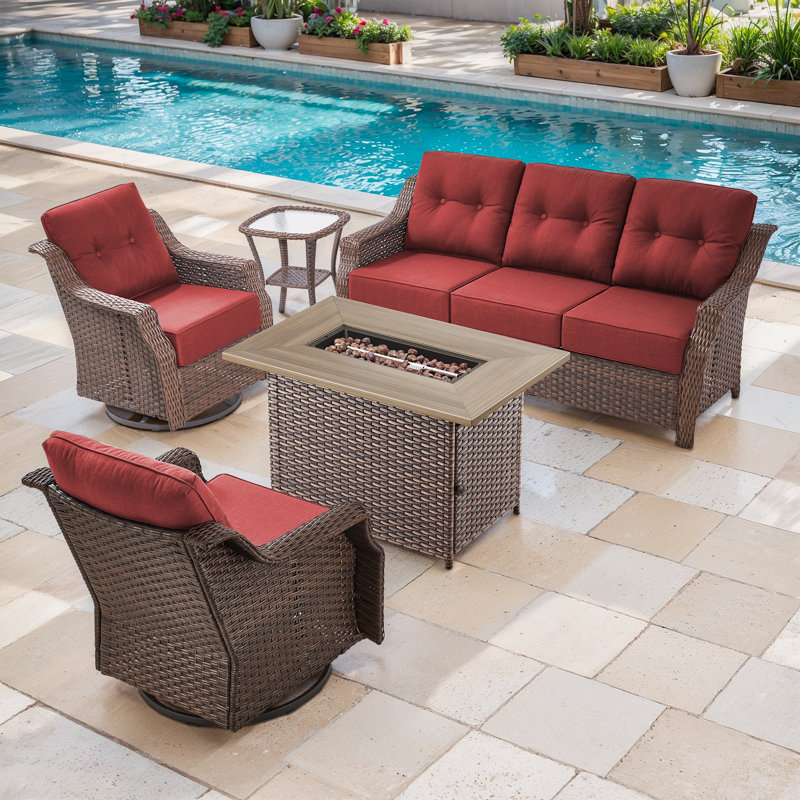 Acton 5 - Pieces Outdoor Wicker Sofa Seating Group With 6" Thick Cushions And Fire Pit, Red