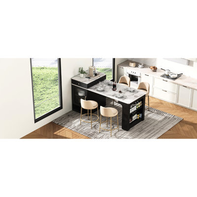 Îlot de cuisine de 59,5 po de largeur, avec extension de 10,2 à 41,8 po, deux panneaux de table amovibles et des installations de charge à courant alternatif intégrées extensibles pour la salle à manger, de longs tiroirs double face, une armoire en verre, 2 * 360