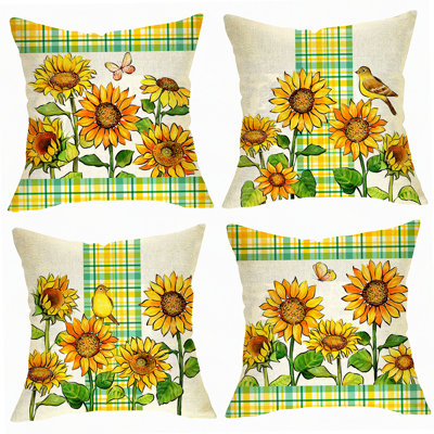 Sunflower Bloom Buffalo Plaid Pillow Cover Set - Farmhouse Floral Decor for Spring Summer, Fall Autumn Season - Goldfinch Bird Cushion Case