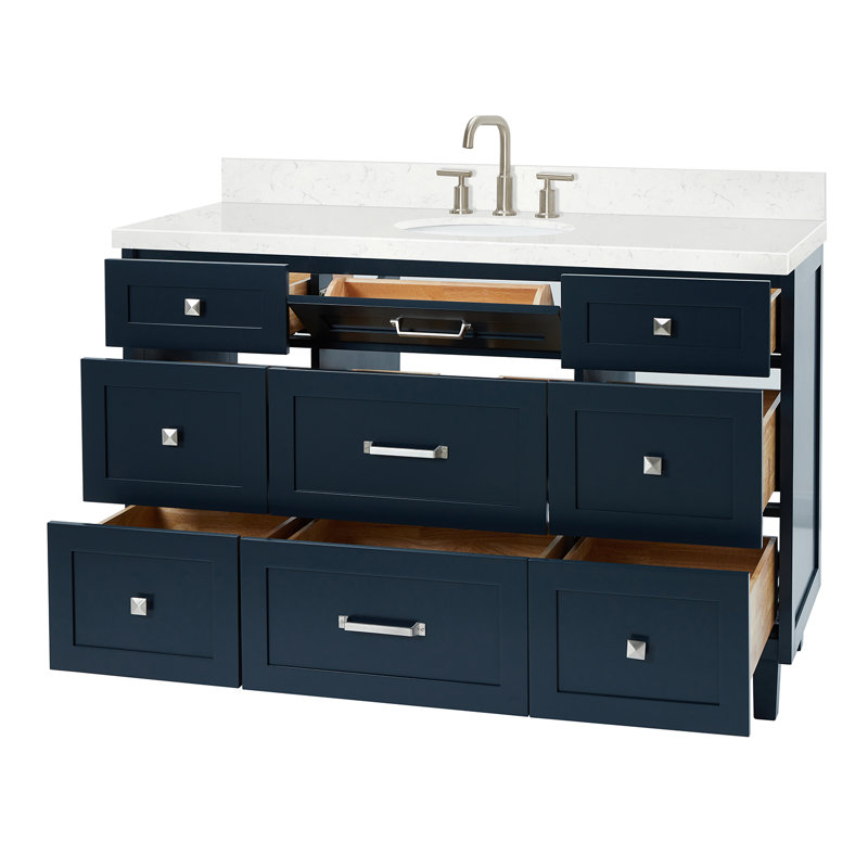 ARIEL Monroe 54 Single Sink Bathroom Vanity with Carrara Quartz Top, Midnight Blue, 54" - 55", Carrara White Quartz