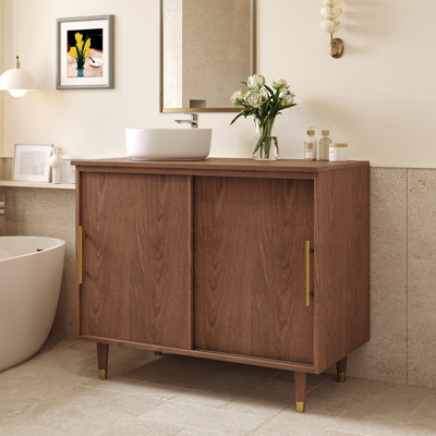 Meuble-lavabo moderne de 36 pouces avec lavabo, armoire de salle de bain en bois avec portes coulissantes et miroir de maquillage rabattable, lavabo rond en céramique pour la salle de bain