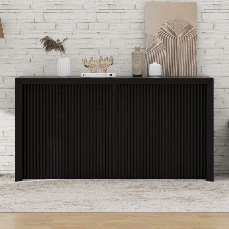 Wood Veneer Simple Entryway Table With Wavy Design, Black