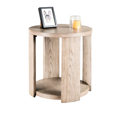Table de bout ronde en une pièce au design moderne avec placage de chêne et rangement ouvert au bas, pour la finition du style salon, tablette inférieure en bois d'ingénierie en bois d'hévéa