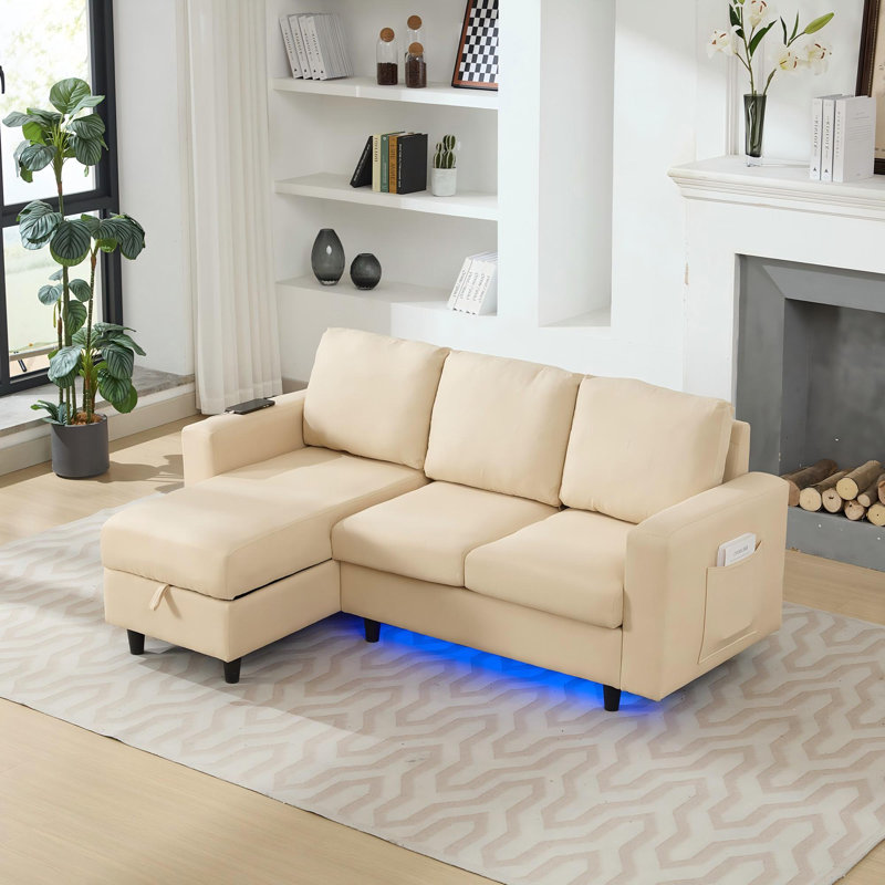 L-shaped 3 Seater Convertible Sofa With Led, Usb And Ottoman, Beige