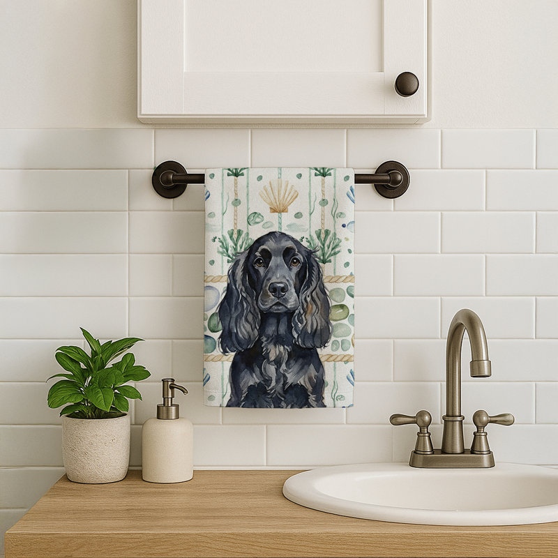 Black English Cocker Spaniel Coastal Sea Glass Kitchen Towel, Black English Cocker Spaniel