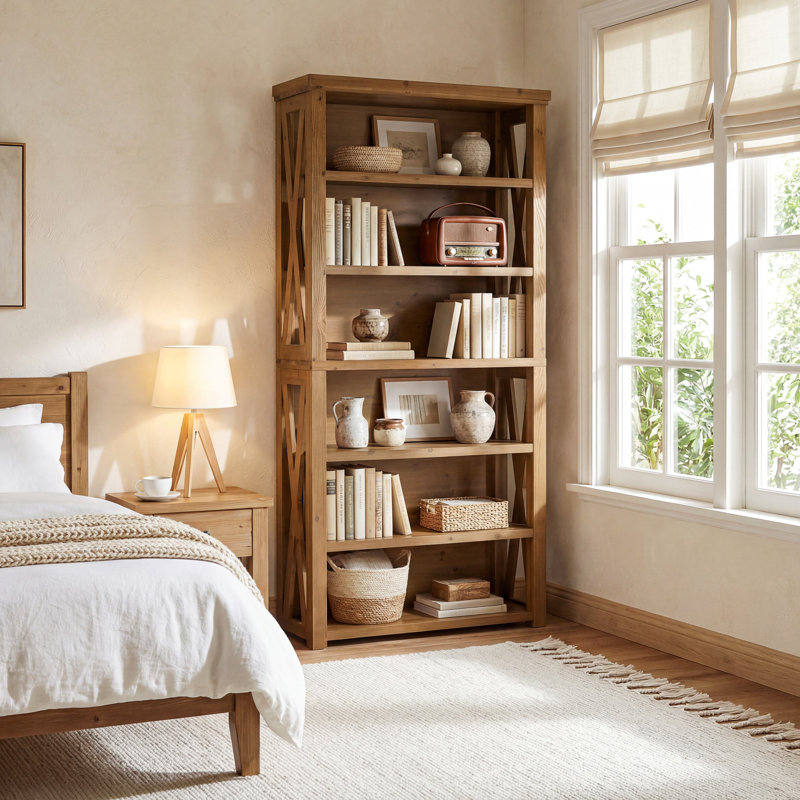 72" Solid Wood Bookshelf, 7-tier Farmhouse Open Bookcase