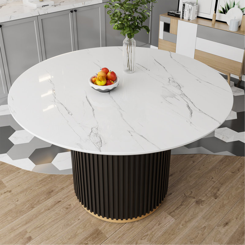 Table de salle à manger de 46 pouces en faux marbre, base en métal noir Wave avec décoration dorée - peut accueillir 4 personnes pour la cuisine et la salle à manger