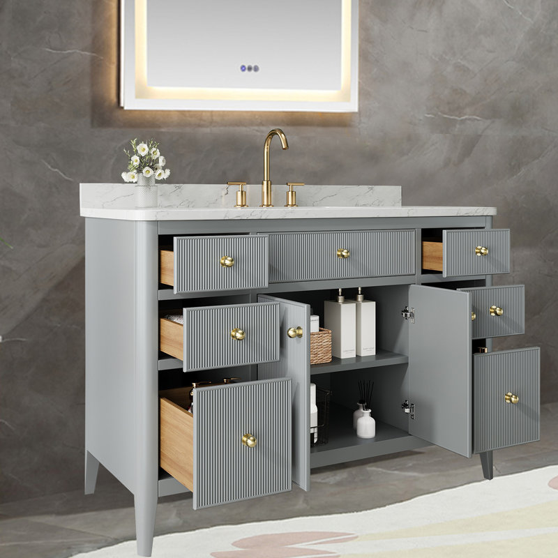 Ensemble de meuble-lavabo autoportant moderne en bois massif 48 po avec plateau en marbre, Gris clair