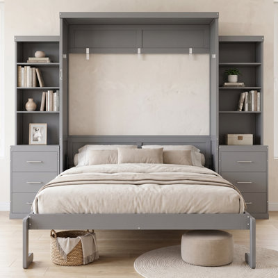 Queen Size Murphy Bed, Fold Down Hidden Wall Cabinet Bed For Guest & Master Bedroom With Side Storage Bookcases And Drawers