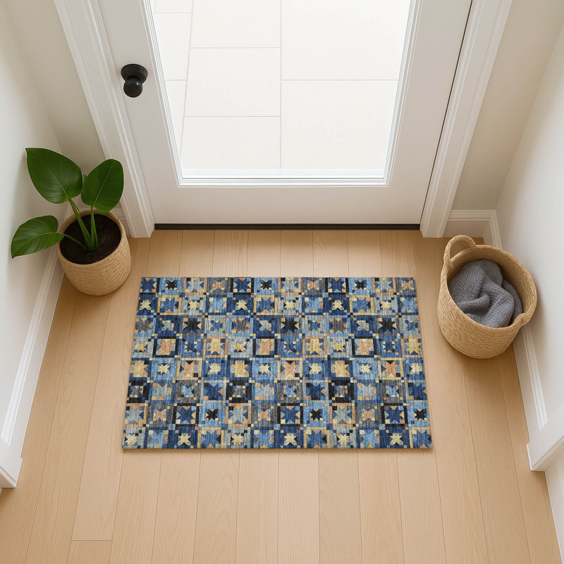 Machine Washable Indoor/Outdoor Chantille ACN2553 Patchwork Rug, Navy, 1'8" x 2'6"