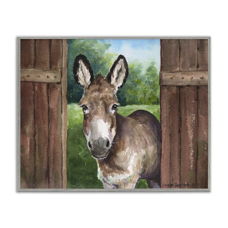 Âne dans une porte en bois giclée, design par George Dyachenko, H 11 po x l 14 po, Estampe numérique Farmhouse