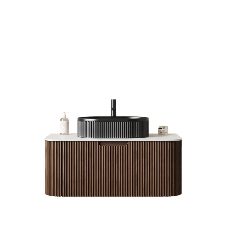 Meuble-lavabo de salle de bain mural moderne avec tiroir, pré-assemblé, Noyer foncé, 36"