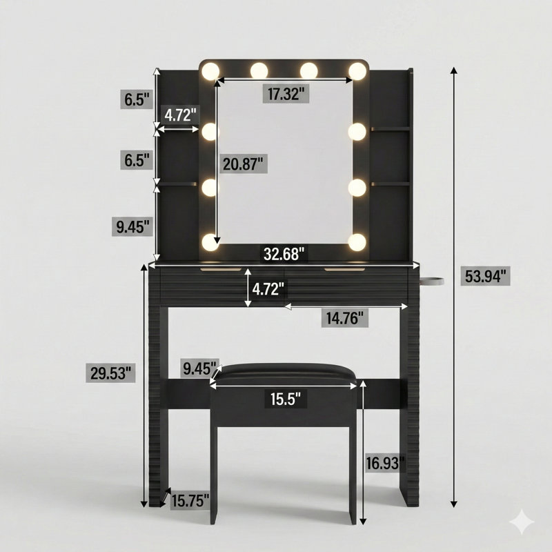 Makeup Vanity Desk With 10 Hollywood-Style Bulbs. A Fluted Dressing Table Featuring A Charging Station, Two Drawers, Four Open Shelves, A Hairdryer Holder, And A Padded Stool With Storage, In Black.