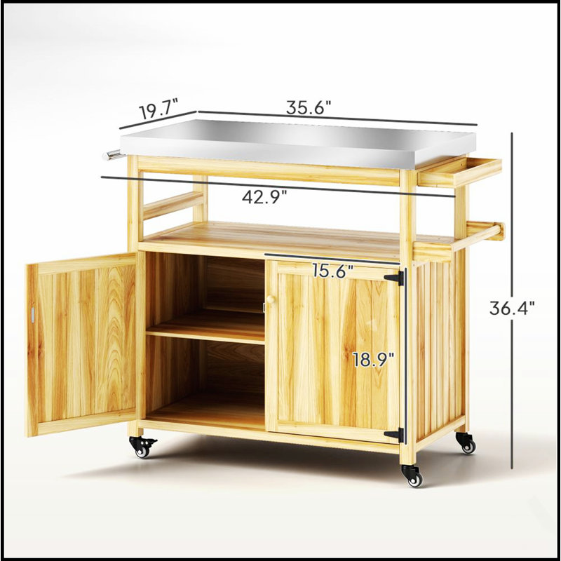 Îlot de cuisine extérieur en bois massif avec plateau en acier inoxydable, roulettes et armoires de rangement pour des grillades durables et pratiques