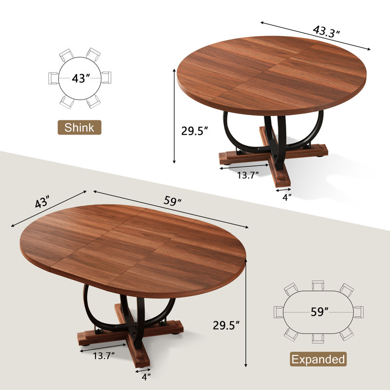  59”extendable Round Dining Table For 4-8 ,dining Room Table With X-shaped Heavy Duty Metal Base,thickened Mdf Board,modern Kitchen Dining Table,space Saving,walnut