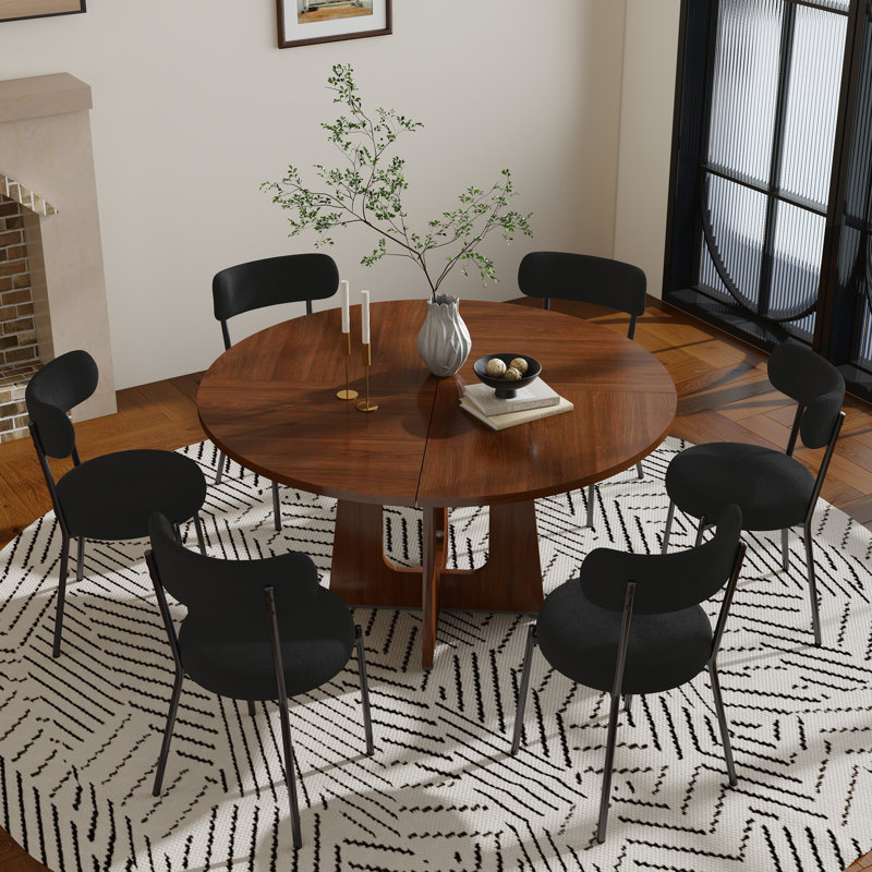47In Pedestal Dining Set,Round Dining Table And Teddy Dining Chair, 7 Pieces: Table, 6 Chairs, Black, Walnut