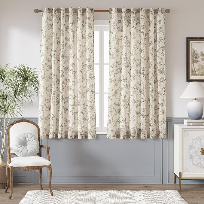 Paire de rideaux en lin mélangés à motif floral pour salon, L 50 po x L 63 po, Gris
