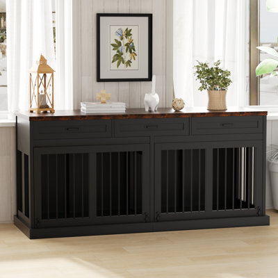Meuble pour chien 70,86 "pour 2 chiens, cage pour chien en bois avec 3 tiroirs de rangement et cloison amovible, meuble double pour chenil