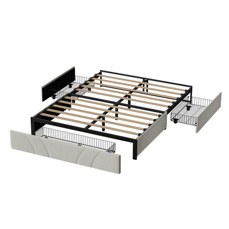 Structure de lit rembourrée avec 3 tiroirs de rangement et support en lattes de bois, Grand lit, Blanc