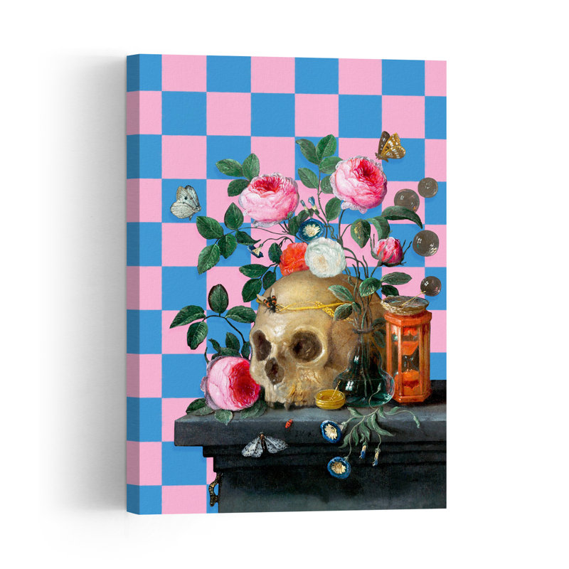 Eclectic Skull And Roses Classic Colorful Gothic Ladybug Butterfly Moth Flower Landscape Wall Art Print by Marja Van Den - Wrapped Canvas Print