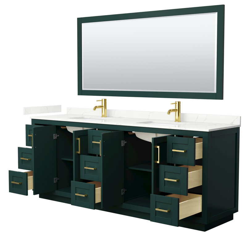 Ensemble de meuble-lavabo double autoportant 84 po avec plateau en quartz Miranda, Quartz Giotto, Vert, Or brossé