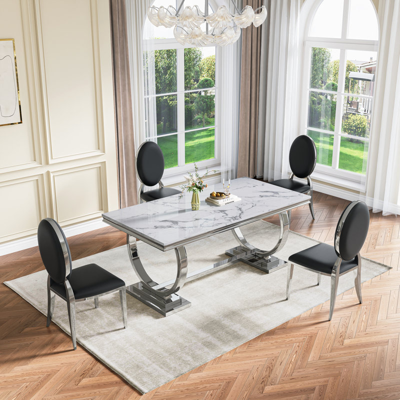 Ensemble de salle à manger moderne, ensemble de table de salle à manger en faux marbre avec chaises rembourrées