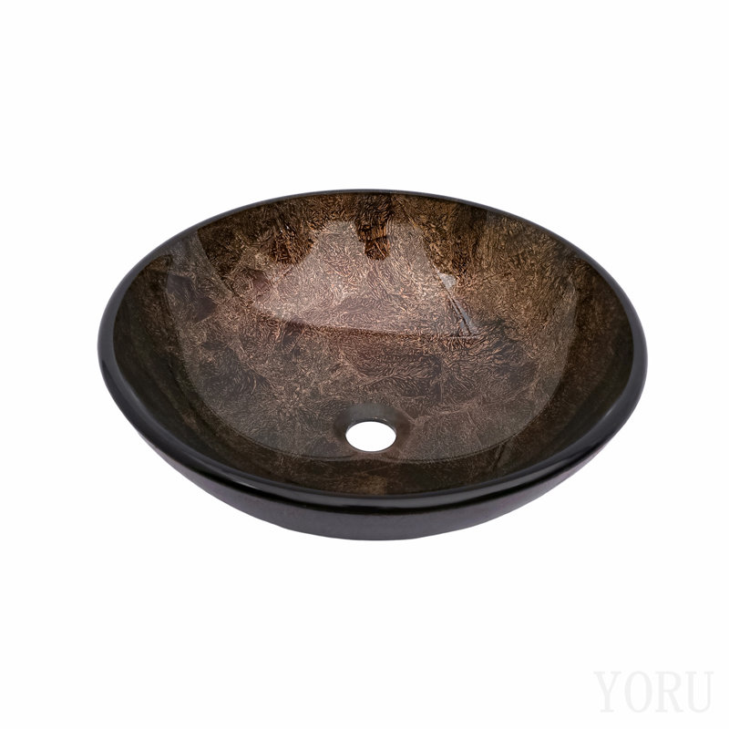 Vasque de salle de bain artistique en verre trempé avec robinet noir et bonde clic-clac, vasque ovale texturée marron, meuble-lavabo en verre trempé
