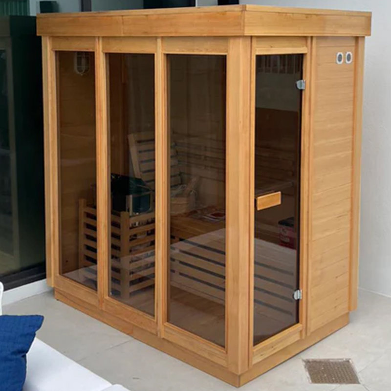 Hylivesaunas Outdoor Steam Sauna, 4 Person Canadian Hemlock Wood Corner Sauna Room, Traditional Saunas with 220V ETL-Certified 6KW Havia Heating Stove, Headrest, Rocks, Light Included, 195℉ Left Door