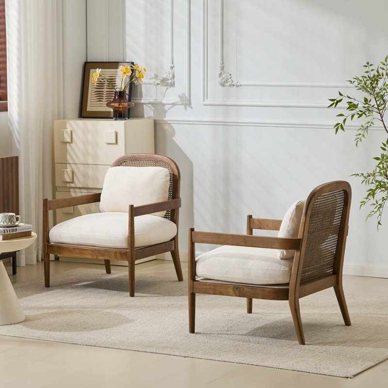 Ensemble de 2 chaises d'appoint modernes avec structure en bois massif et dossier en rotin et fauteuils confortables pour le salon